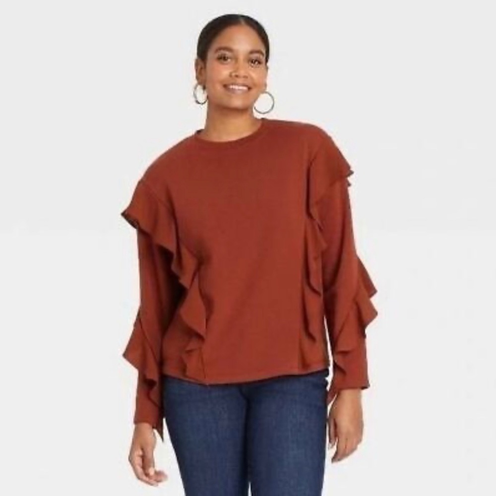 NWT XS Women's Casual Ruffle Crew Neck Sweatshirt Brown Rust